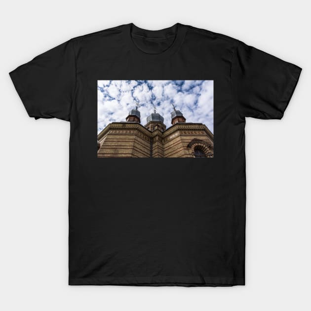 Three domes of Church against cloudy blue sky T-Shirt by lena-maximova